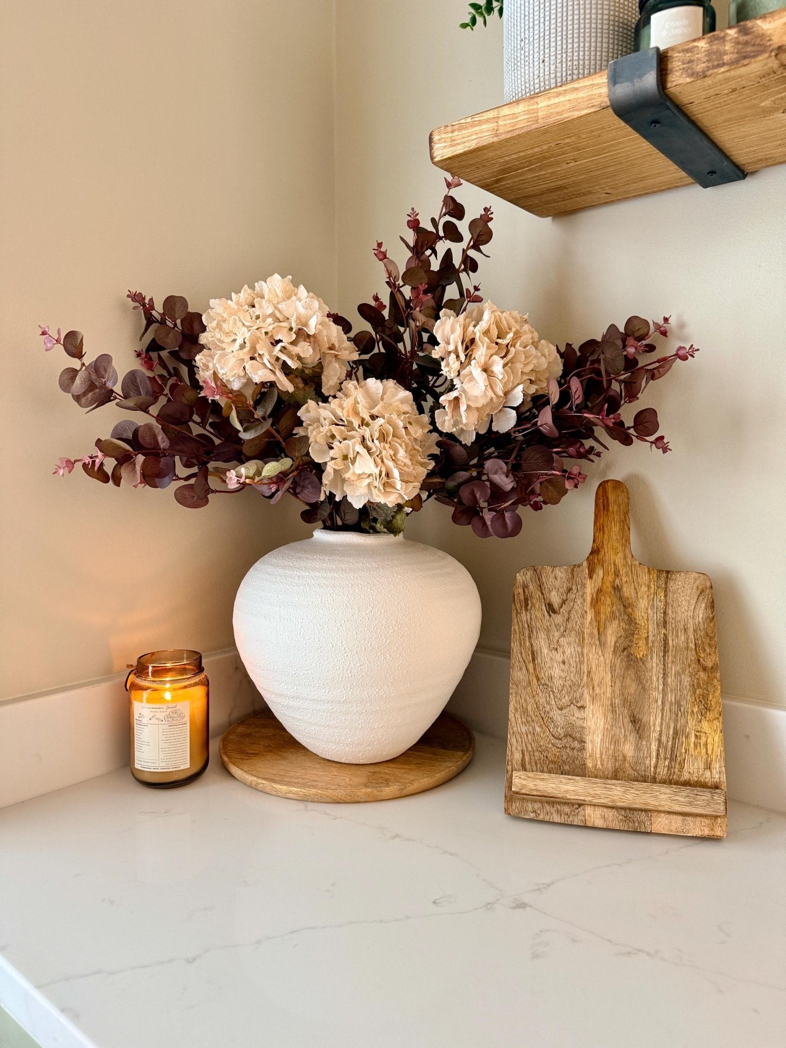 Handmade Luxury Silk Autumn Floral Arrangement | Burgundy and Blush Dried Hydrangea Artificial Flower Bouquet with White Vase - "Nala" - NalaWillowCo