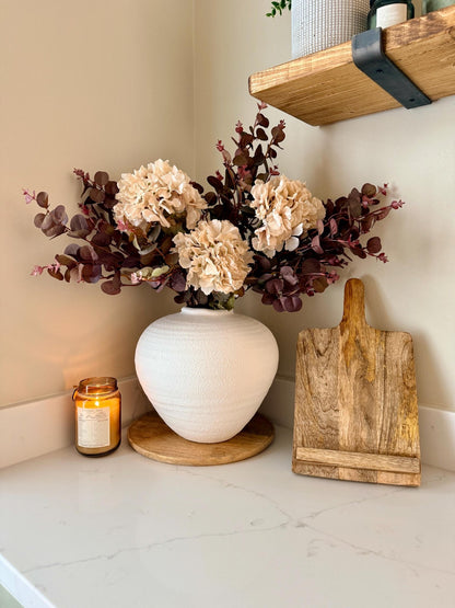 Handmade Luxury Silk Autumn Floral Arrangement | Burgundy and Blush Dried Hydrangea Artificial Flower Bouquet with White Vase - "Nala" - NalaWillowCo