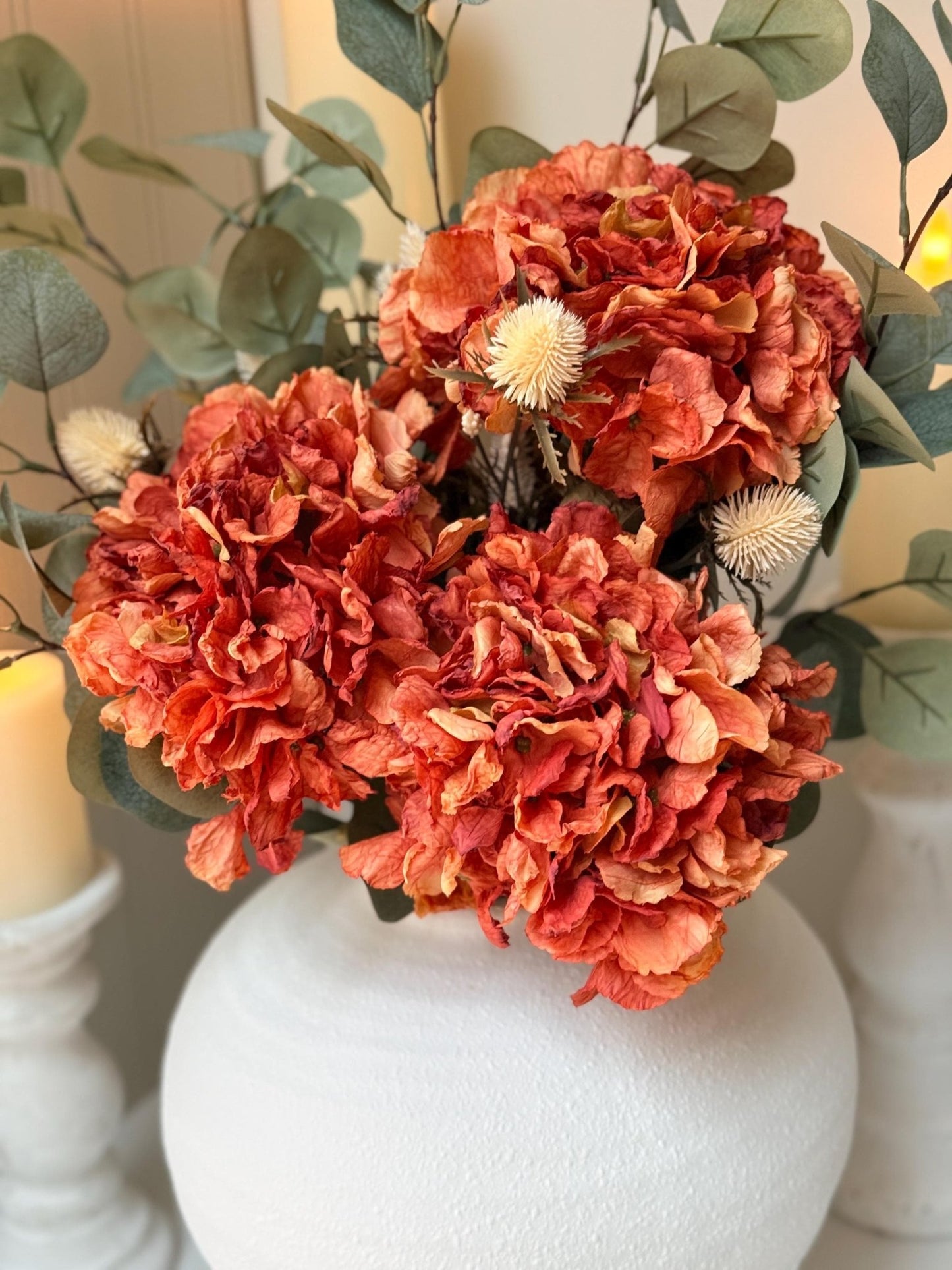 Handmade Luxury Silk Autumn Floral Arrangement | Orange Dried Hydrangea Artificial Flower Bouquet - NalaWillowCo