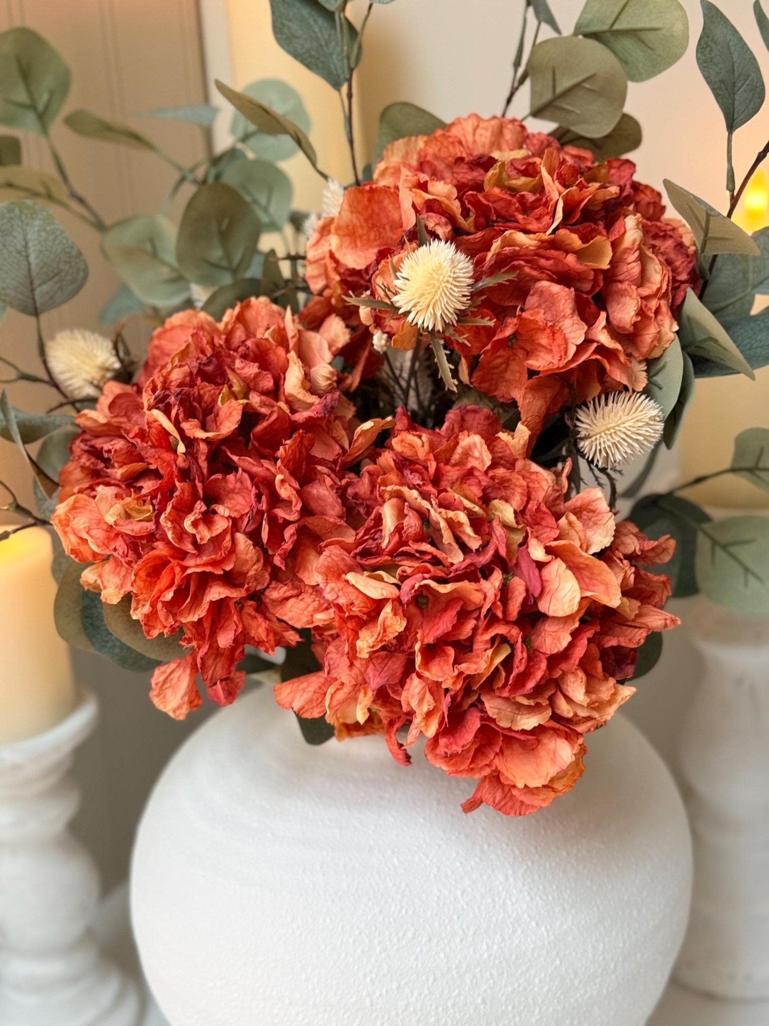 Handmade Luxury Silk Autumn Floral Arrangement | Orange Dried Hydrangea Artificial Flower Bouquet - NalaWillowCo