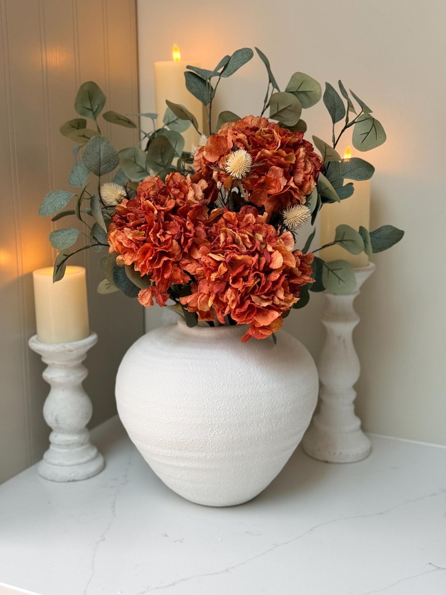 Handmade Luxury Silk Autumn Floral Arrangement | Orange Dried Hydrangea Artificial Flower Bouquet - NalaWillowCo