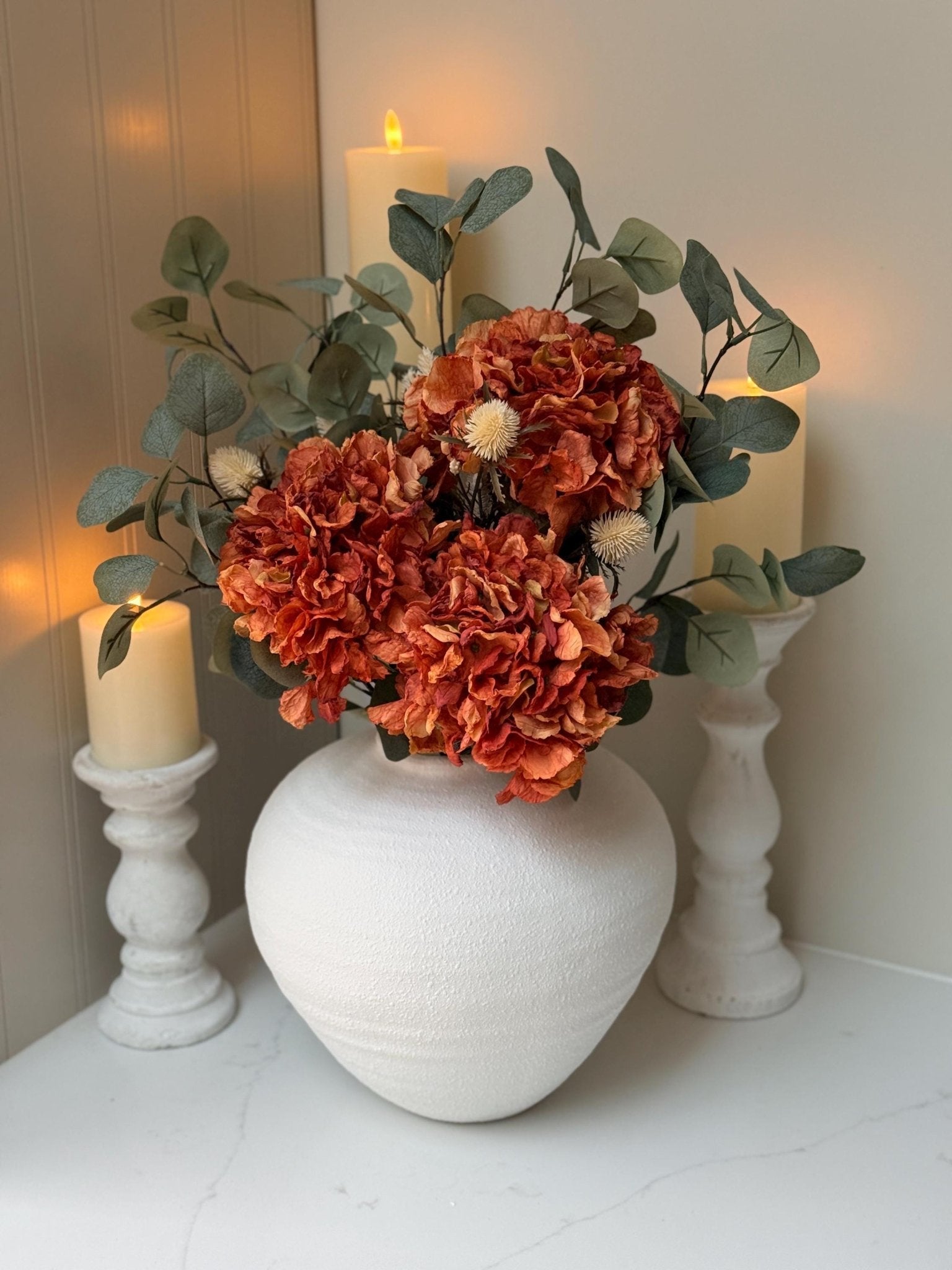 Handmade Luxury Silk Autumn Floral Arrangement | Orange Dried Hydrangea Artificial Flower Bouquet - NalaWillowCo