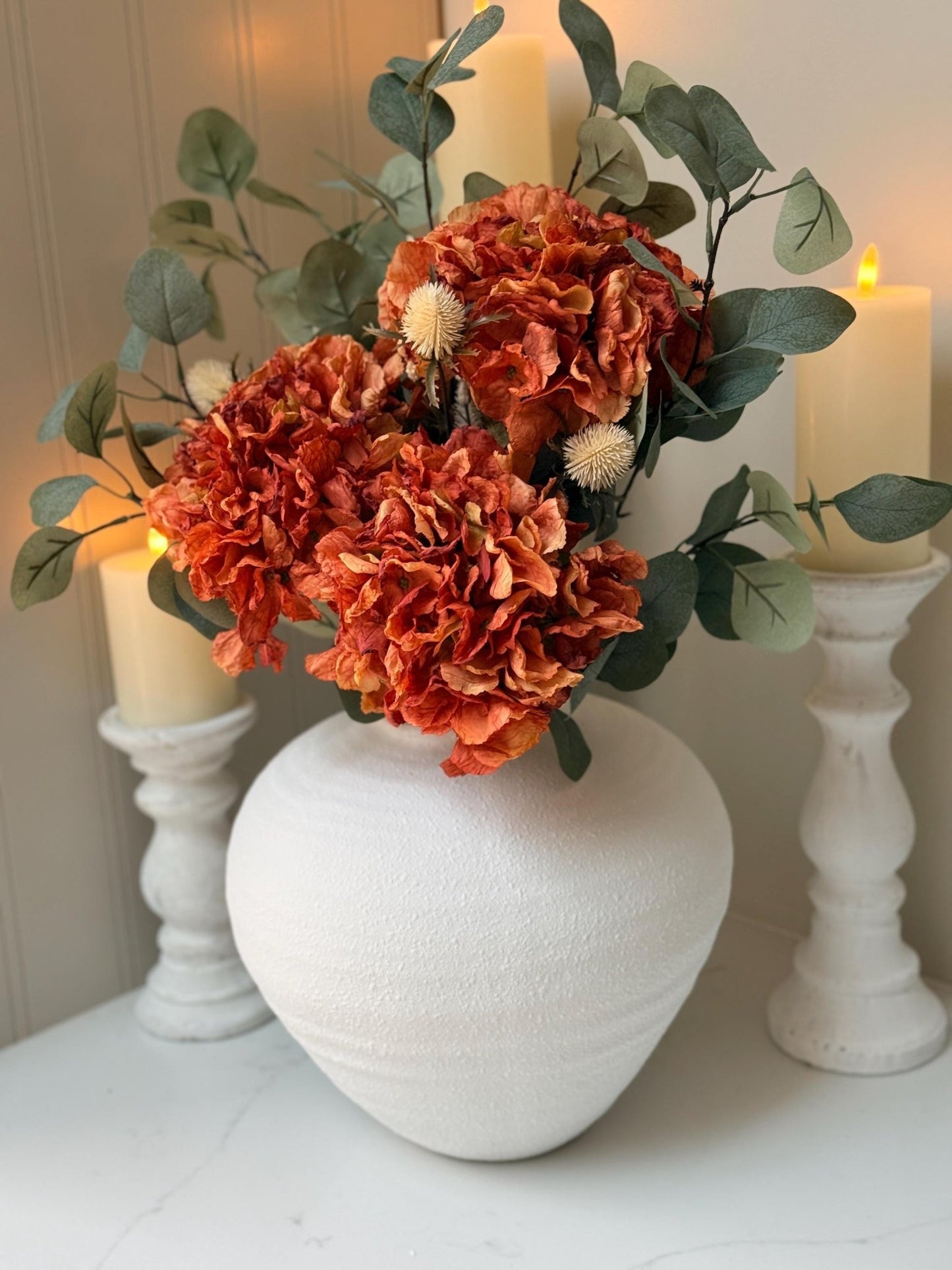 Handmade Luxury Silk Autumn Floral Arrangement | Orange Dried Hydrangea Artificial Flower Bouquet - NalaWillowCo