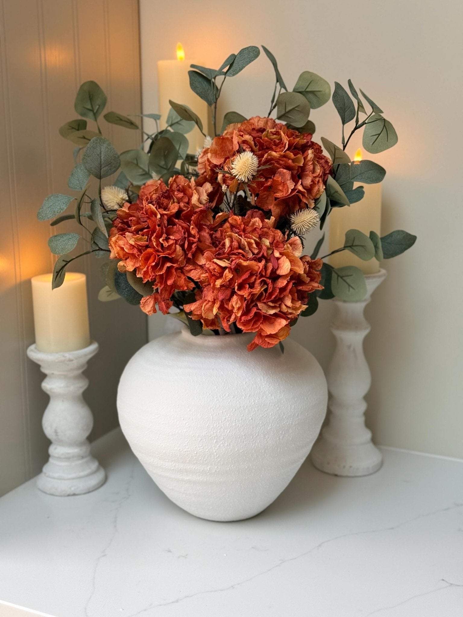 Handmade Luxury Silk Autumn Floral Arrangement | Orange Dried Hydrangea Artificial Flower Bouquet - NalaWillowCo