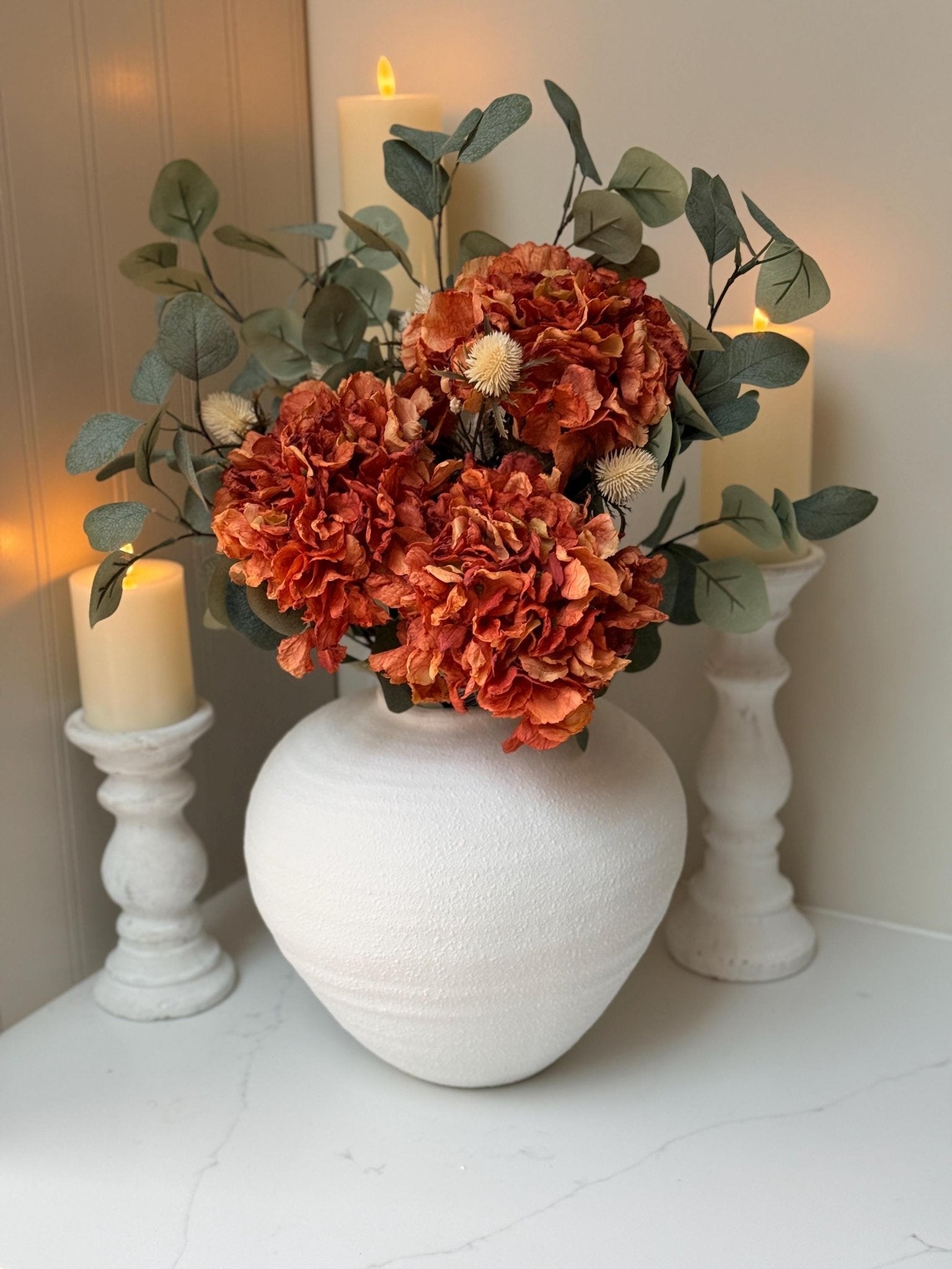 Handmade Luxury Silk Autumn Floral Arrangement | Orange Dried Hydrangea Artificial Flower Bouquet - NalaWillowCo