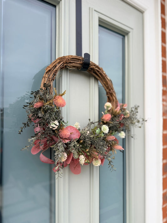 Handmade Rustic Dried Flower Wreath | Natural Grapevine Door Wreath | Pink & Cream Wildflower Wreath | Country Cottage Decor - NalaWillowCo