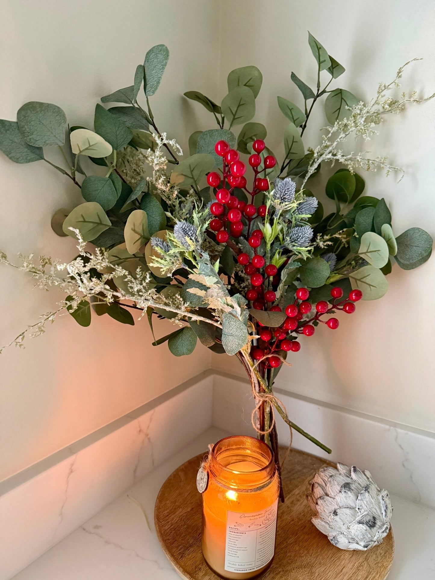 Handtied Eucalyptus & Red Berry Bouquet | Faux Greenery Arrangement | Rustic Neutral Home Decor | Winter Floral Display Gift - NalaWillowCo