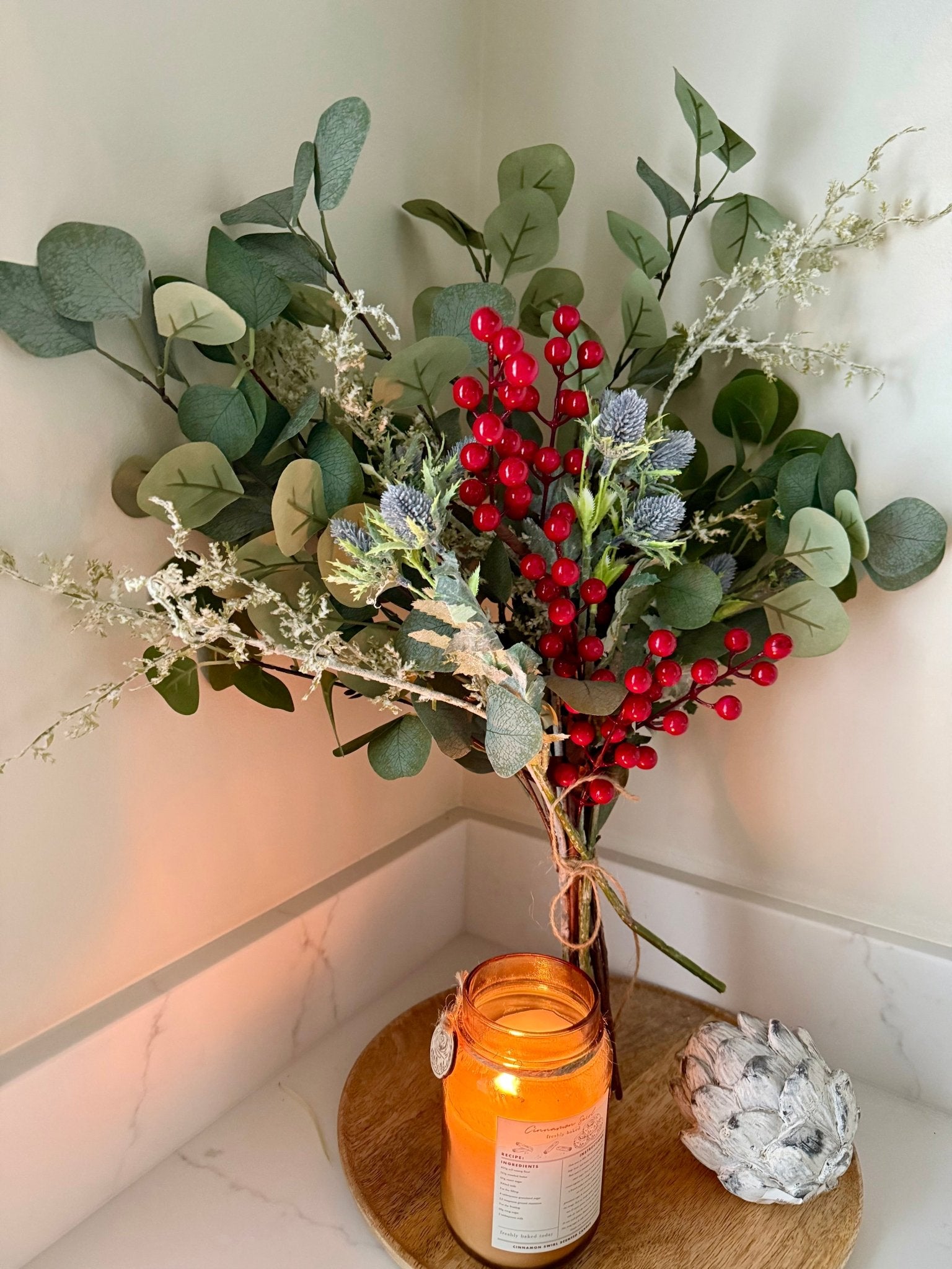 Handtied Eucalyptus & Red Berry Bouquet | Faux Greenery Arrangement | Rustic Neutral Home Decor | Winter Floral Display Gift - NalaWillowCo
