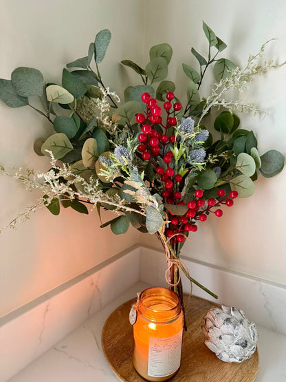 Handtied Eucalyptus & Red Berry Bouquet | Faux Greenery Arrangement | Rustic Neutral Home Decor | Winter Floral Display Gift - NalaWillowCo