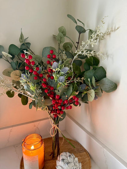 Handtied Eucalyptus & Red Berry Bouquet | Faux Greenery Arrangement | Rustic Neutral Home Decor | Winter Floral Display Gift - NalaWillowCo