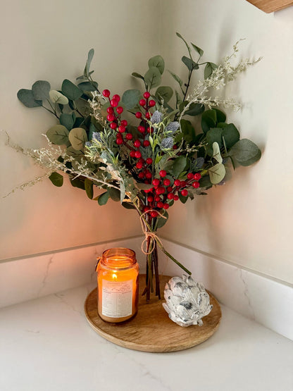 Handtied Eucalyptus & Red Berry Bouquet | Faux Greenery Arrangement | Rustic Neutral Home Decor | Winter Floral Display Gift - NalaWillowCo