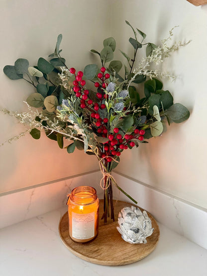 Handtied Eucalyptus & Red Berry Bouquet | Faux Greenery Arrangement | Rustic Neutral Home Decor | Winter Floral Display Gift - NalaWillowCo