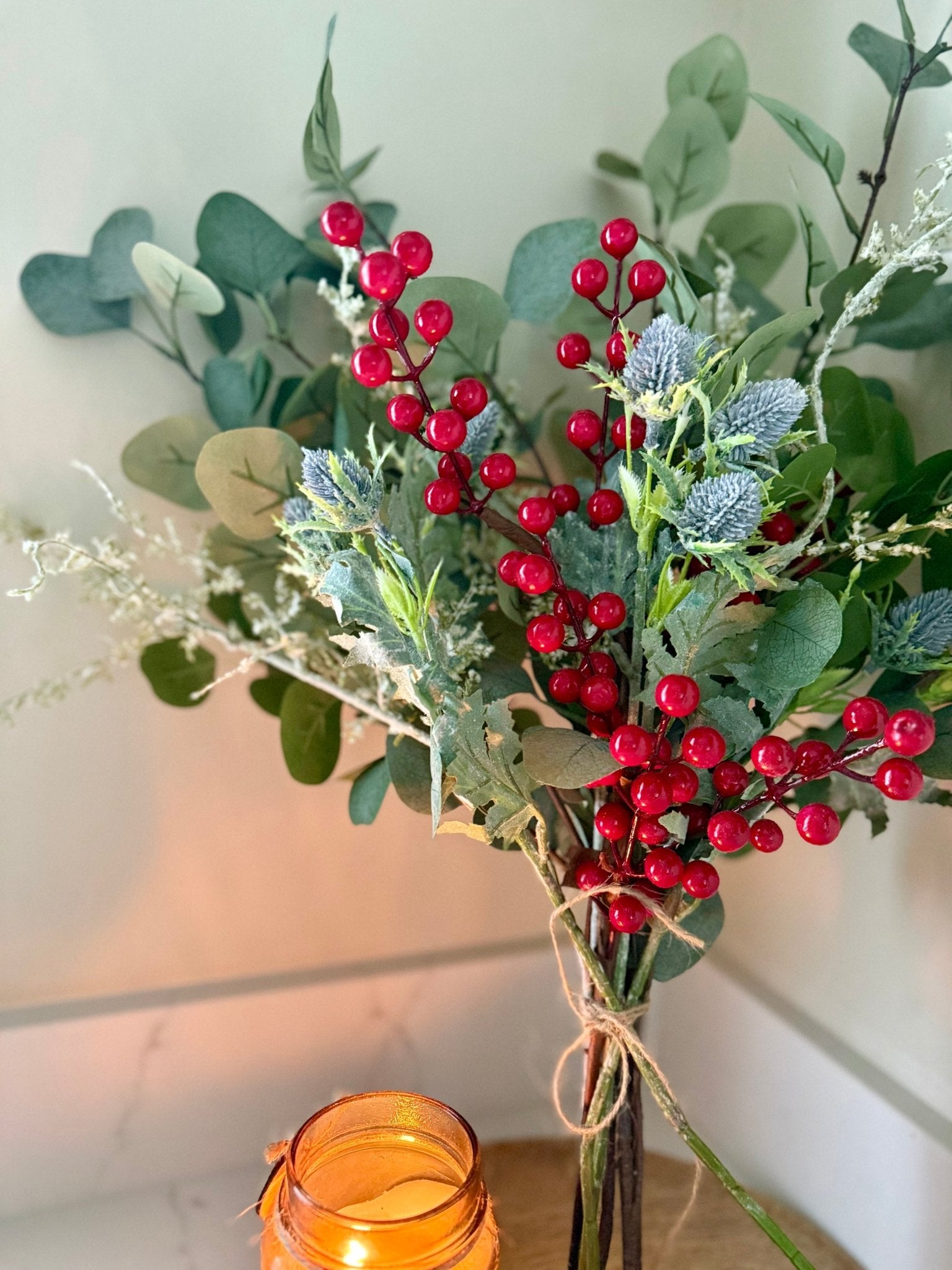 Handtied Eucalyptus & Red Berry Bouquet | Faux Greenery Arrangement | Rustic Neutral Home Decor | Winter Floral Display Gift - NalaWillowCo