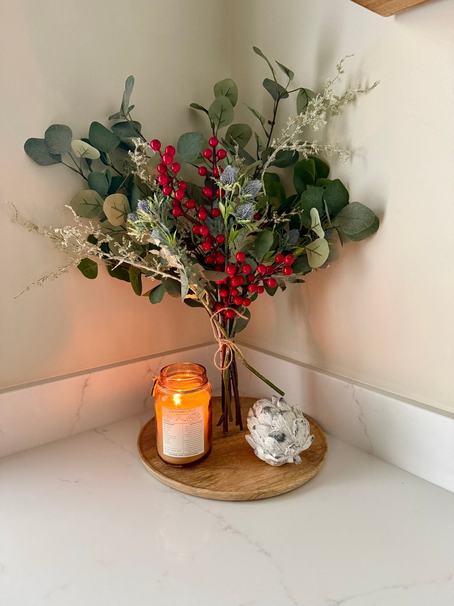 Handtied Eucalyptus & Red Berry Bouquet | Faux Greenery Arrangement | Rustic Neutral Home Decor | Winter Floral Display Gift - NalaWillowCo