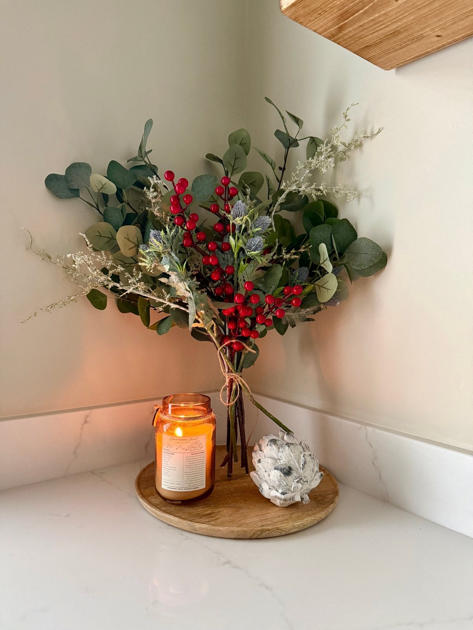 Handtied Eucalyptus & Red Berry Bouquet | Faux Greenery Arrangement | Rustic Neutral Home Decor | Winter Floral Display Gift - NalaWillowCo