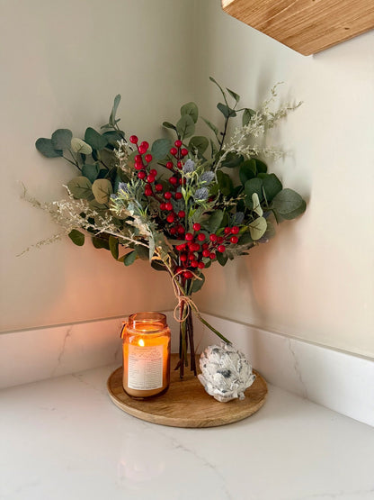 Handtied Eucalyptus & Red Berry Bouquet | Faux Greenery Arrangement | Rustic Neutral Home Decor | Winter Floral Display Gift - NalaWillowCo
