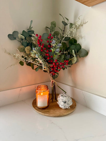Handtied Eucalyptus & Red Berry Bouquet | Faux Greenery Arrangement | Rustic Neutral Home Decor | Winter Floral Display Gift - NalaWillowCo
