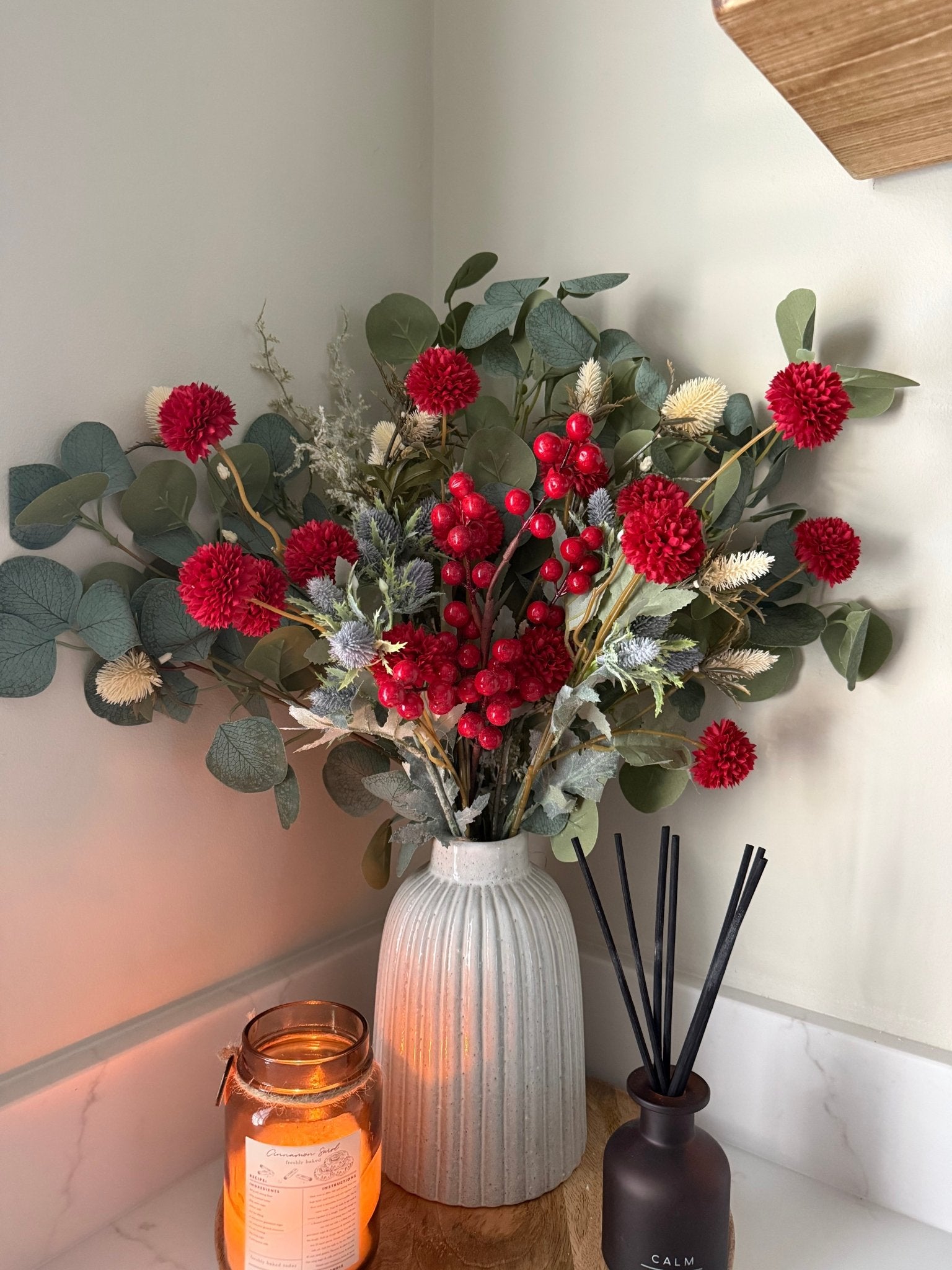 Handtied Eucalyptus & Red Pom Pom and Berry Blue Thistle Bouquet - NalaWillowCo