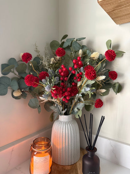 Handtied Eucalyptus & Red Pom Pom and Berry Blue Thistle Bouquet - NalaWillowCo