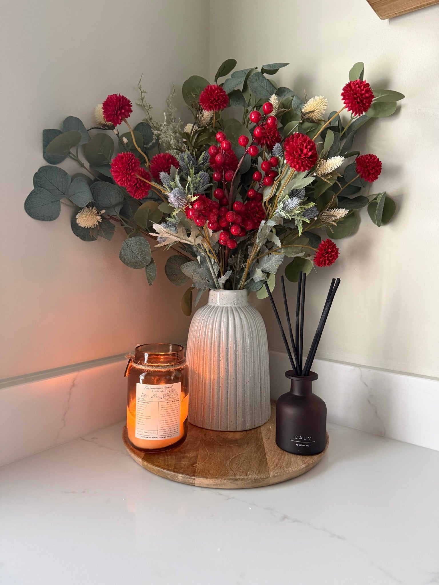 Handtied Eucalyptus & Red Pom Pom and Berry Blue Thistle Bouquet - NalaWillowCo