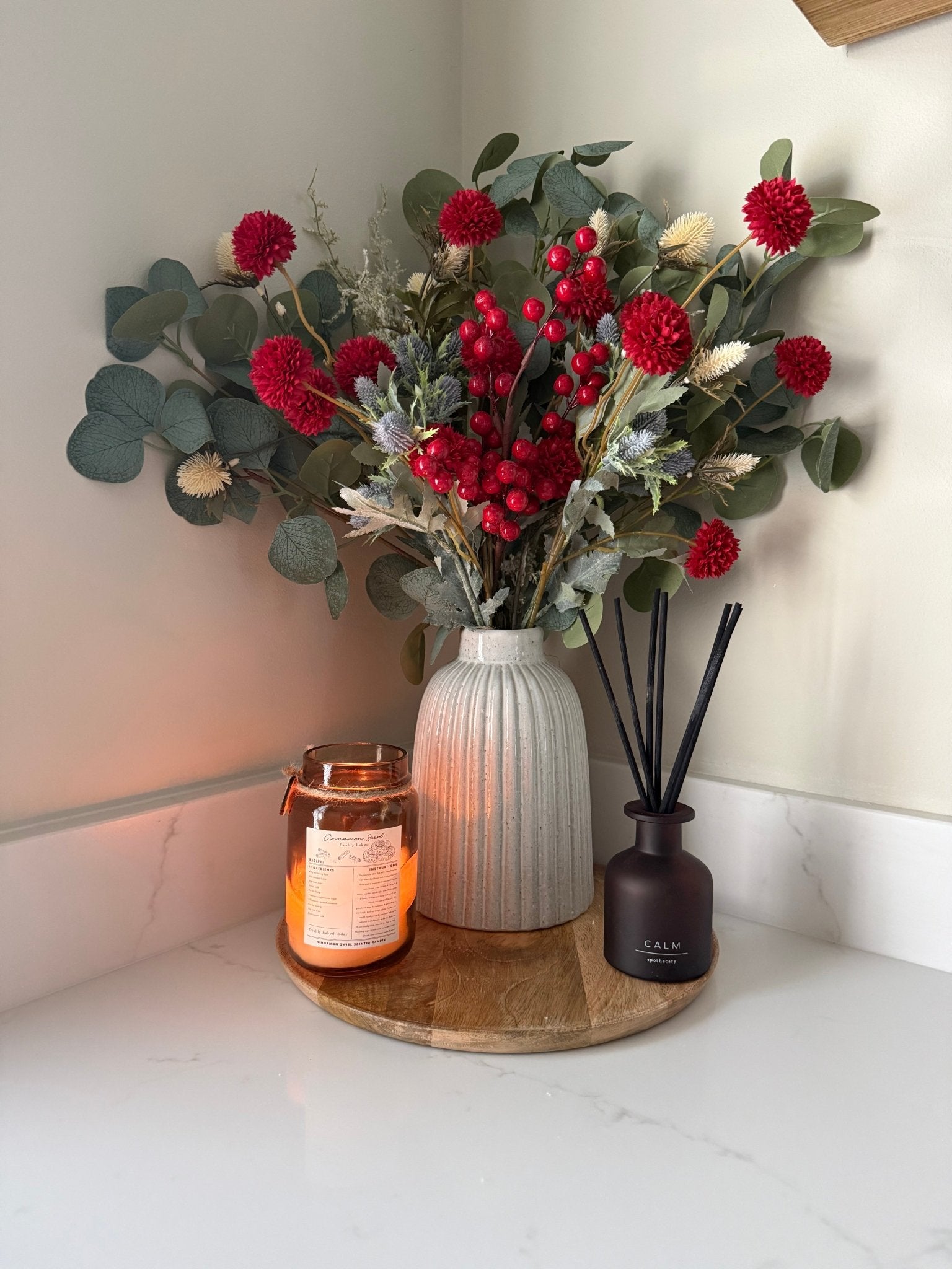 Handtied Eucalyptus & Red Pom Pom and Berry Blue Thistle Bouquet - NalaWillowCo