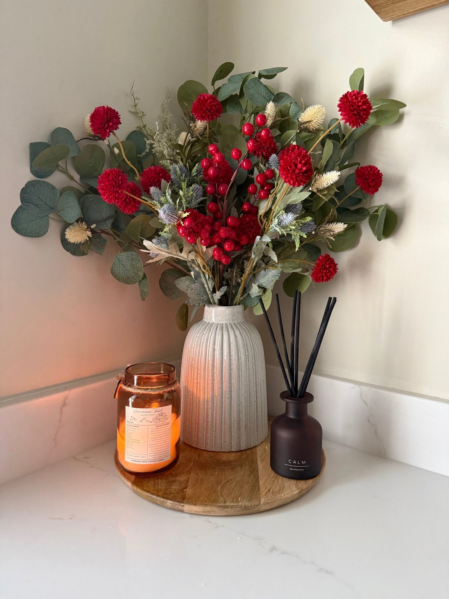 Handtied Eucalyptus & Red Pom Pom and Berry Blue Thistle Bouquet - NalaWillowCo