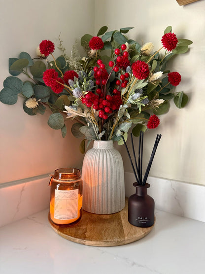 Handtied Eucalyptus & Red Pom Pom and Berry Blue Thistle Bouquet - NalaWillowCo