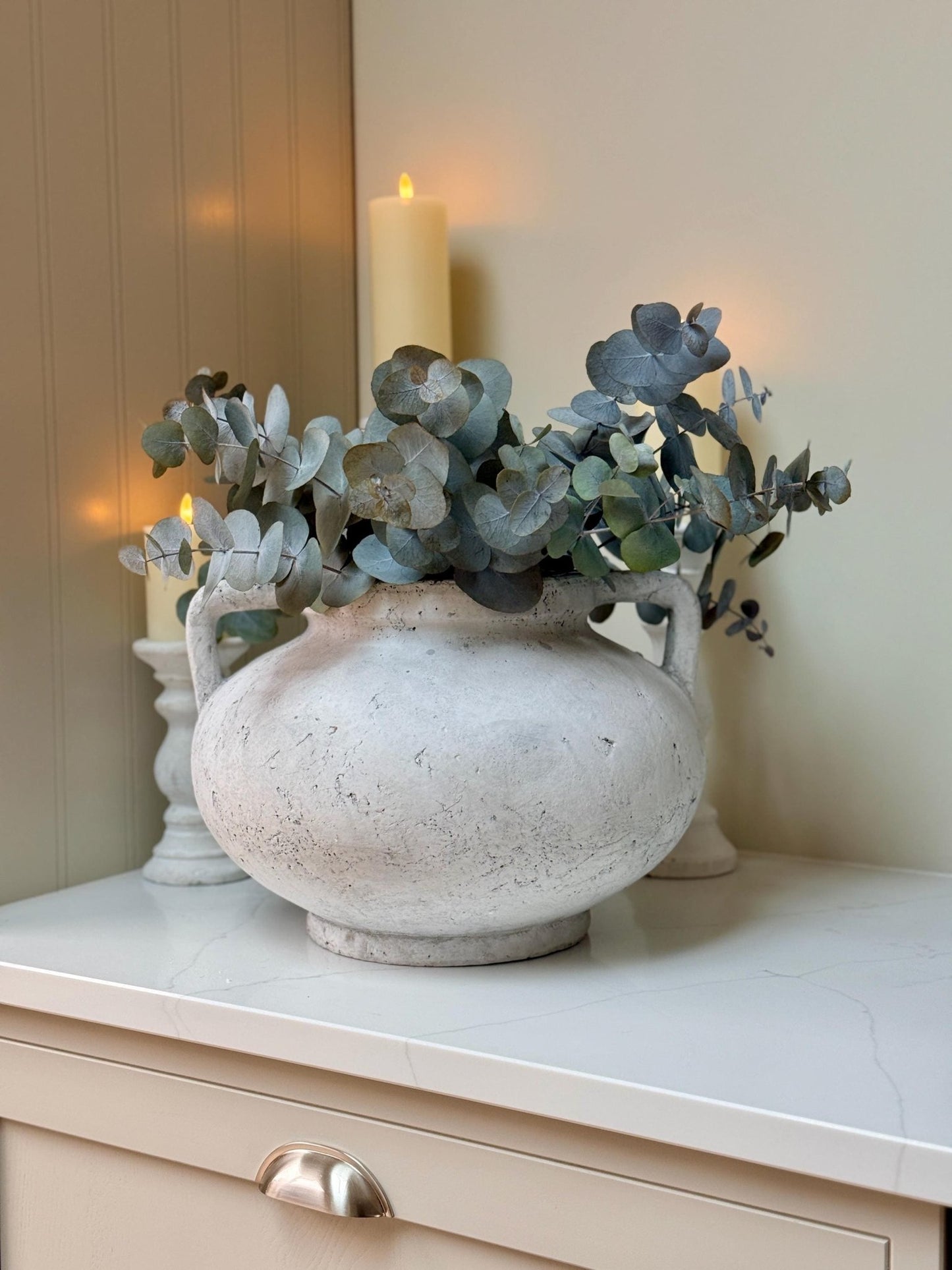Large Rustic Stone Vase with Handles: Distressed Grey Concrete Finish - NalaWillowCo