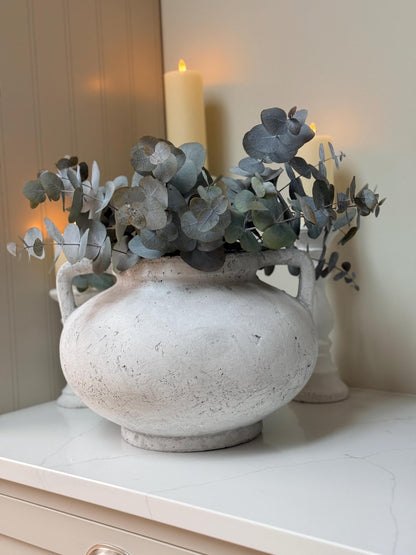Large Rustic Stone Vase with Handles: Distressed Grey Concrete Finish - NalaWillowCo