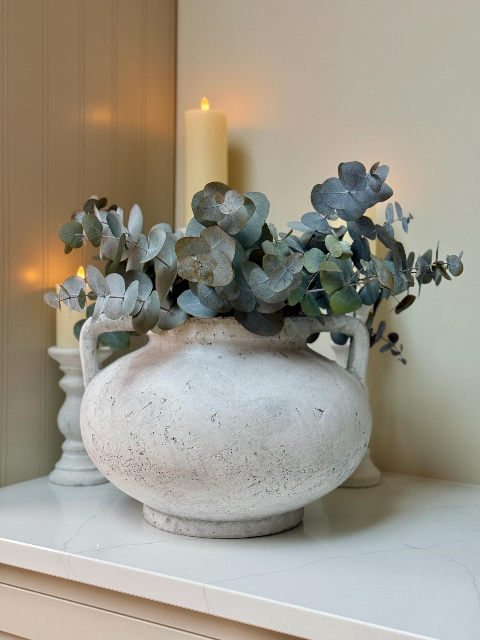Large Rustic Stone Vase with Handles: Distressed Grey Concrete Finish - NalaWillowCo