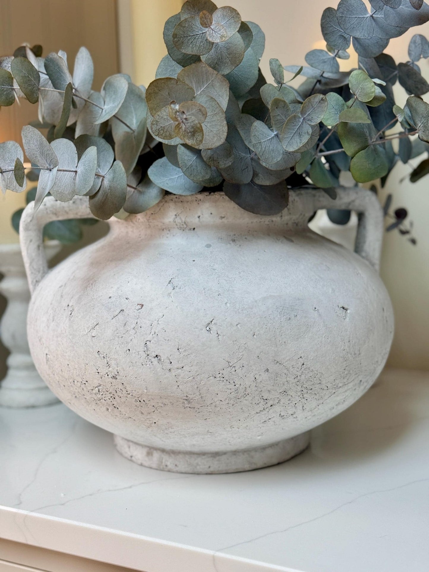 Large Rustic Stone Vase with Handles: Distressed Grey Concrete Finish - NalaWillowCo