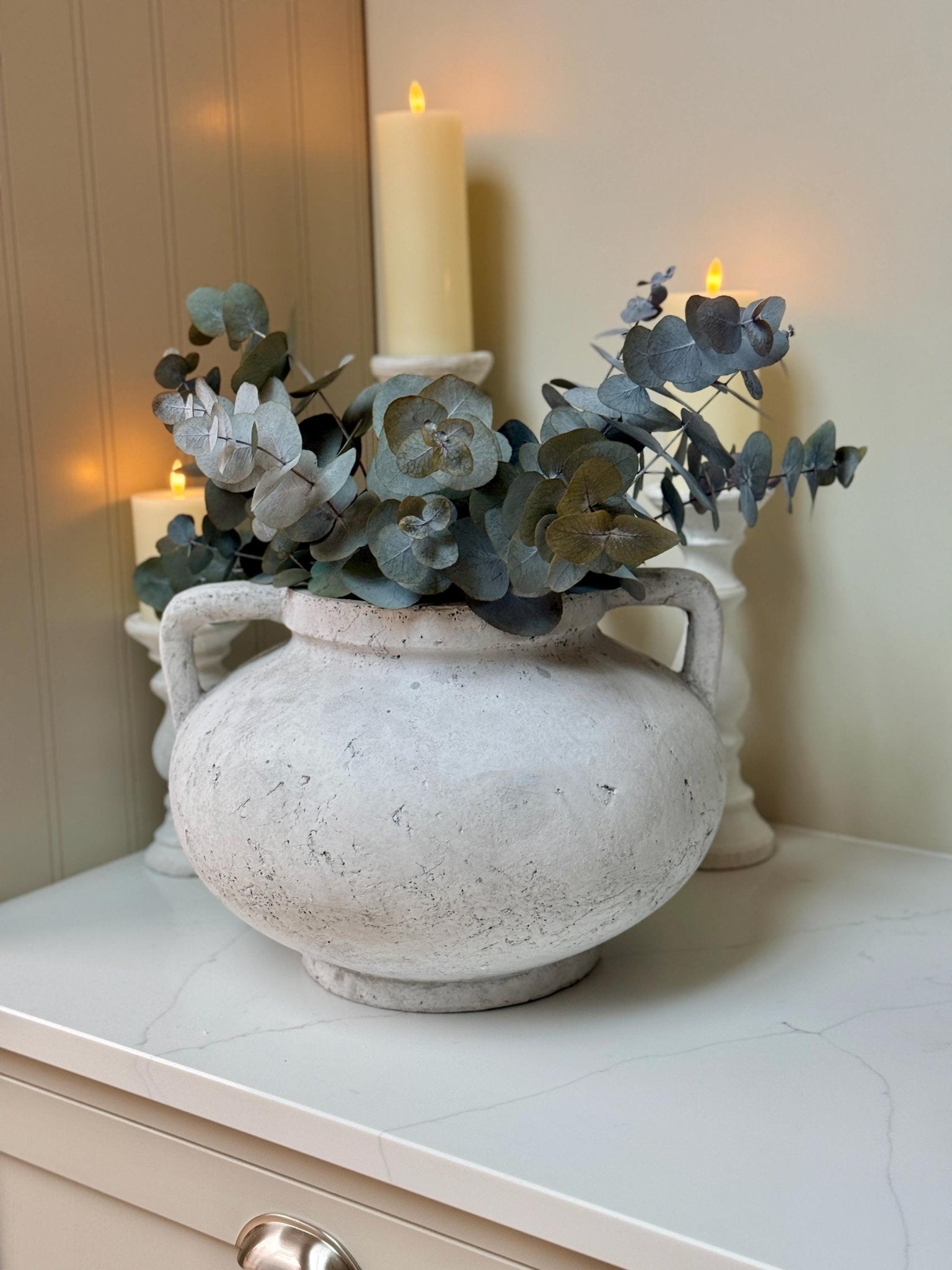 Large Rustic Stone Vase with Handles: Distressed Grey Concrete Finish - NalaWillowCo