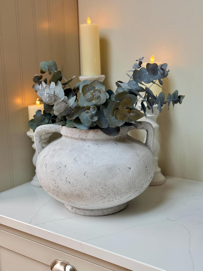Large Rustic Stone Vase with Handles: Distressed Grey Concrete Finish - NalaWillowCo