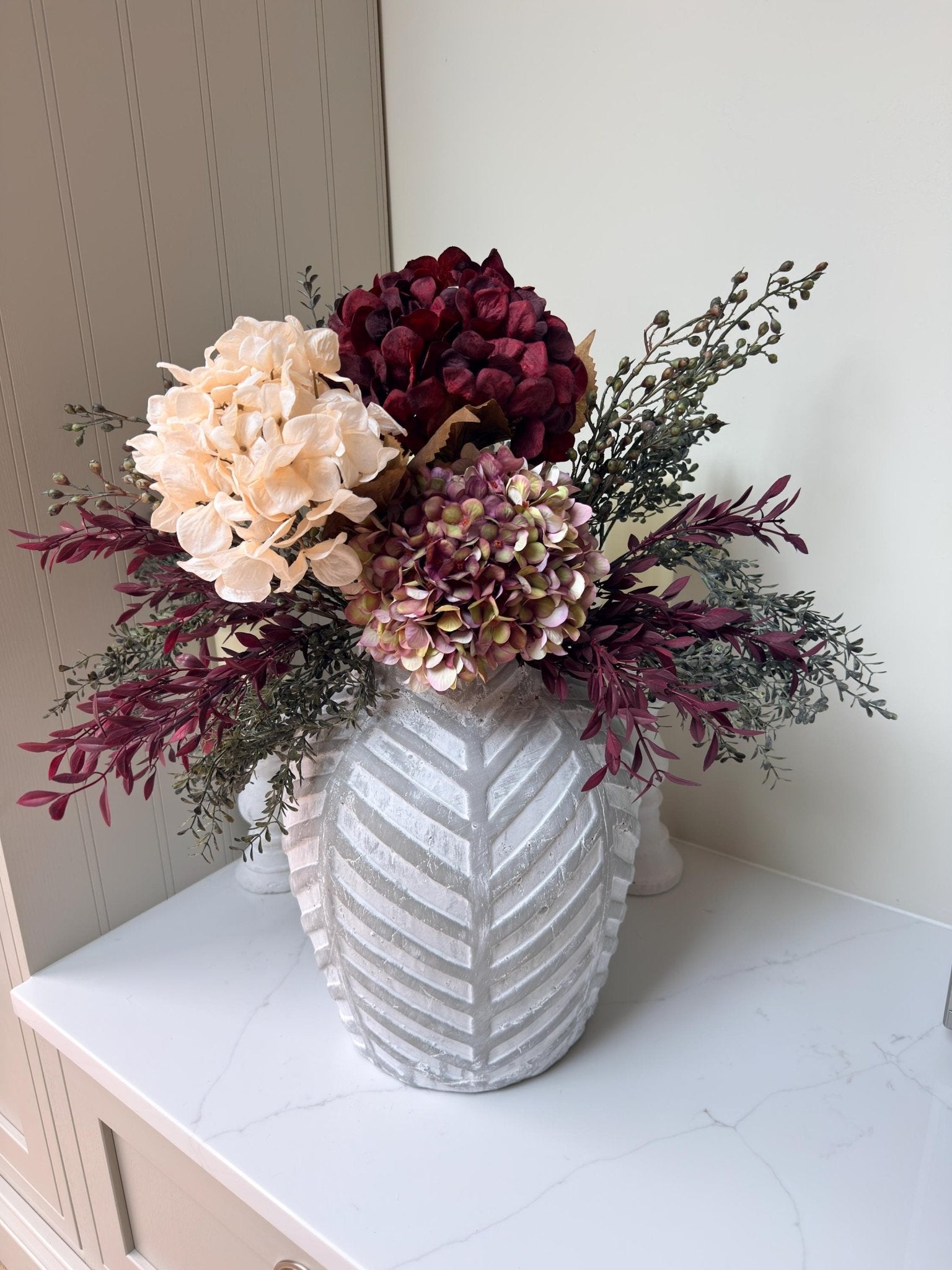 Luxury Silk Autumn Floral Arrangement | Blush & Burgundy Hydrangeas - NalaWillowCo