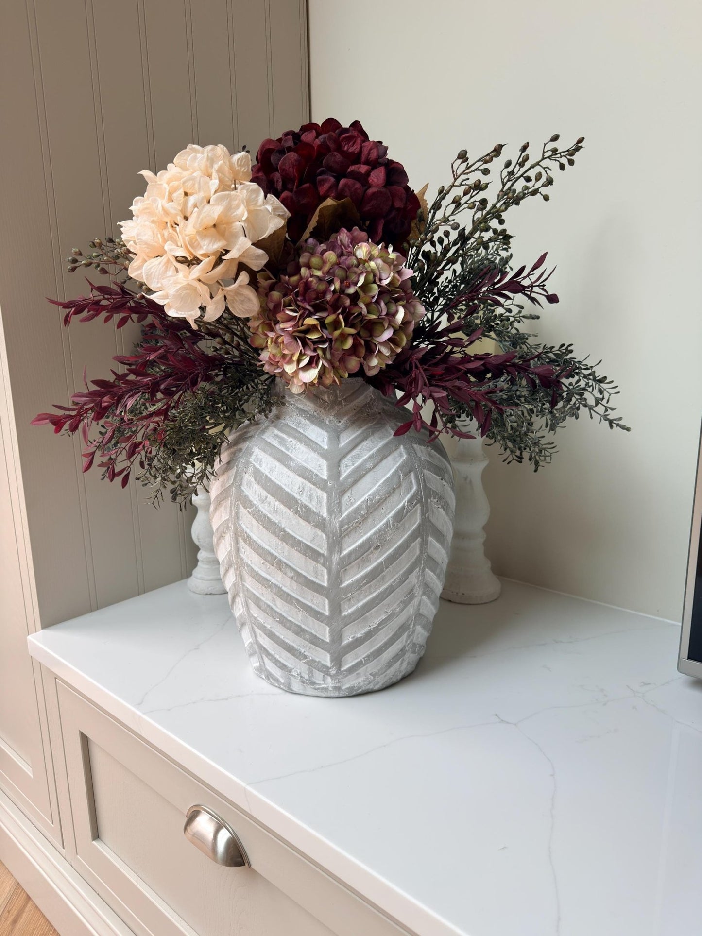 Luxury Silk Autumn Floral Arrangement | Blush & Burgundy Hydrangeas - NalaWillowCo
