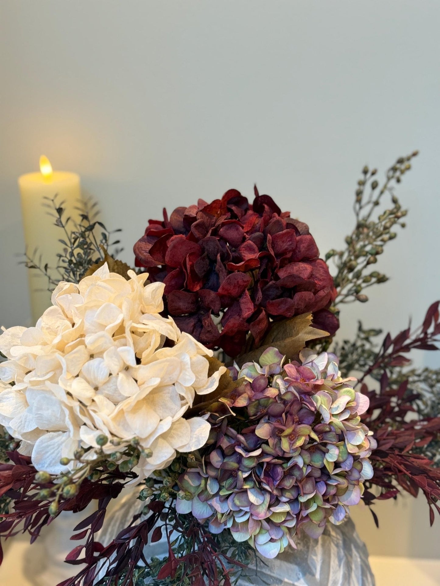 Luxury Silk Autumn Floral Arrangement | Blush & Burgundy Hydrangeas - NalaWillowCo