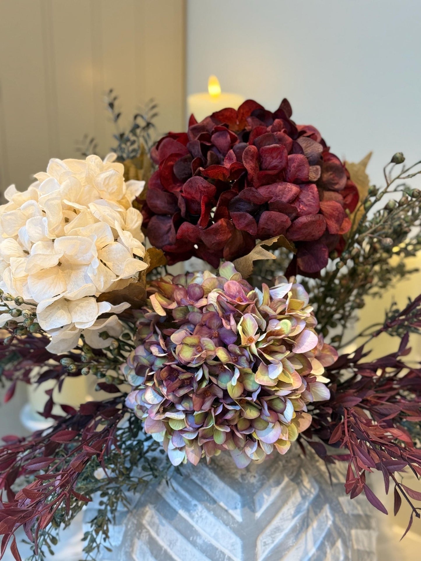 Luxury Silk Autumn Floral Arrangement | Blush & Burgundy Hydrangeas - NalaWillowCo