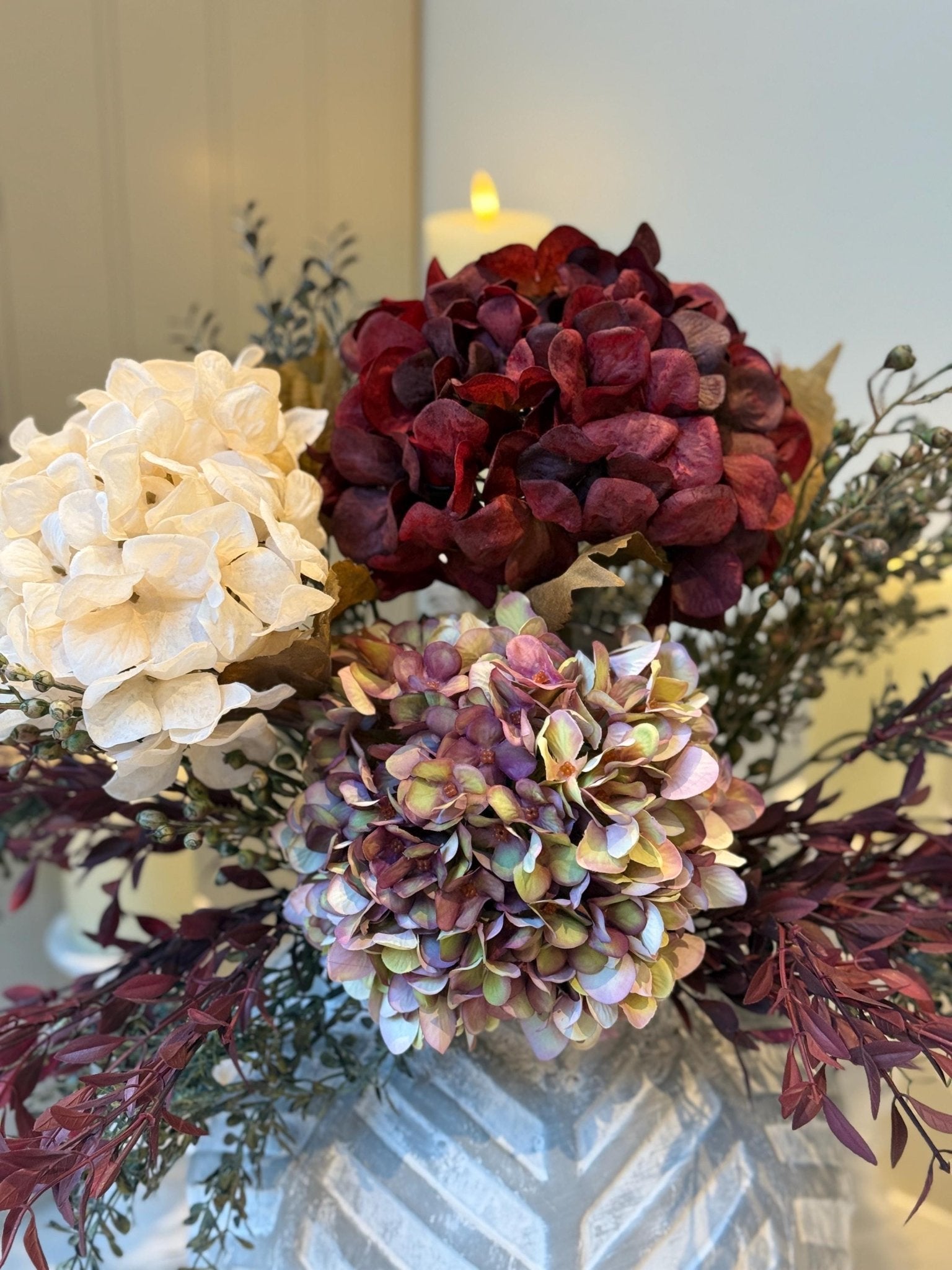 Luxury Silk Autumn Floral Arrangement | Blush & Burgundy Hydrangeas - NalaWillowCo