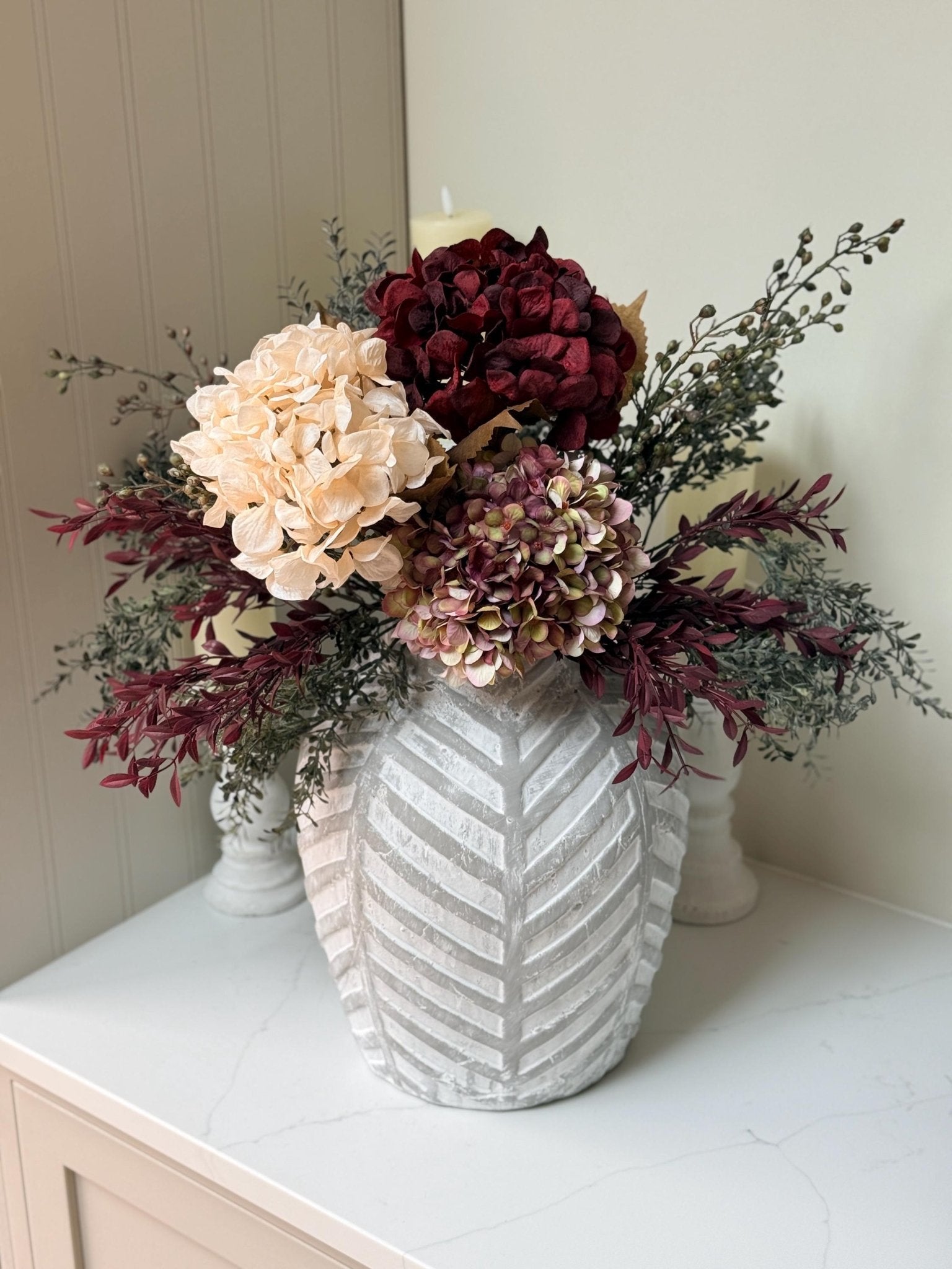 Luxury Silk Autumn Floral Arrangement | Blush & Burgundy Hydrangeas - NalaWillowCo