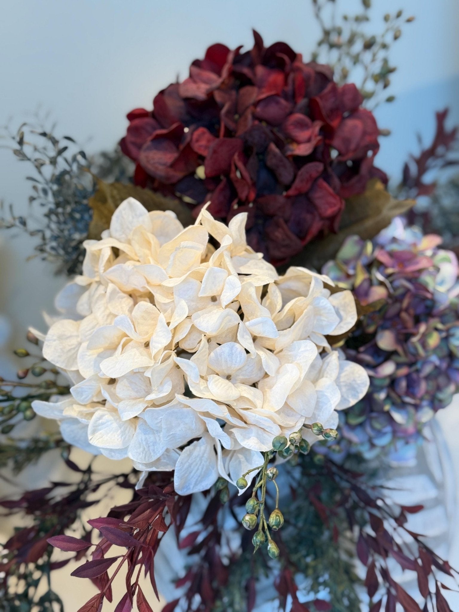 Luxury Silk Autumn Floral Arrangement | Blush & Burgundy Hydrangeas - NalaWillowCo