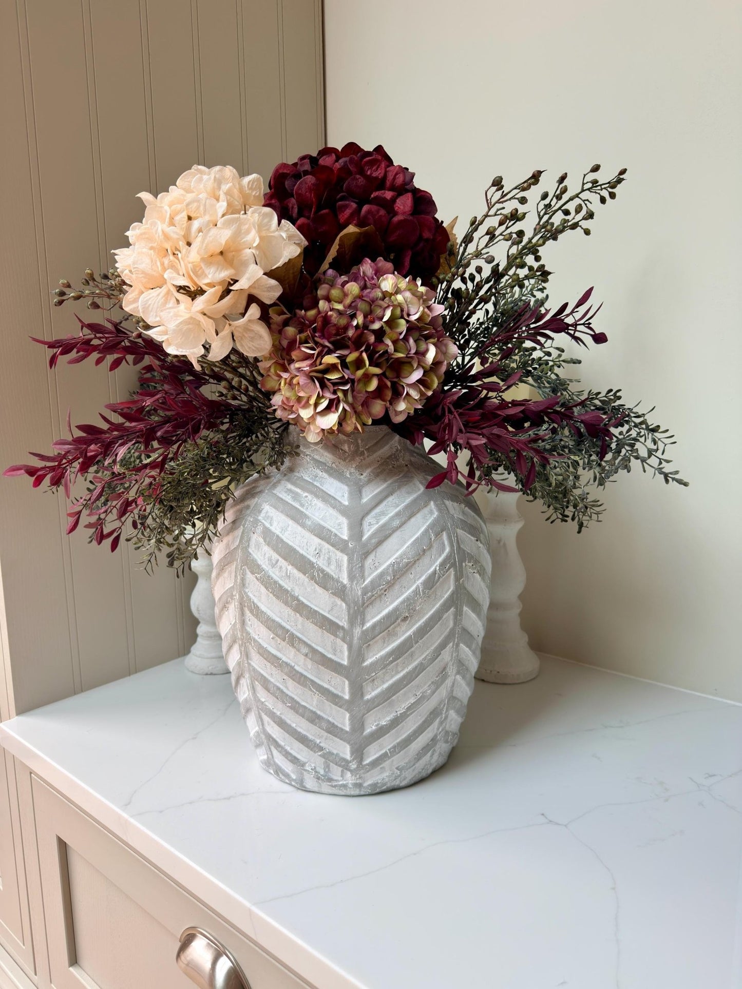 Luxury Silk Autumn Floral Arrangement | Blush & Burgundy Hydrangeas - NalaWillowCo