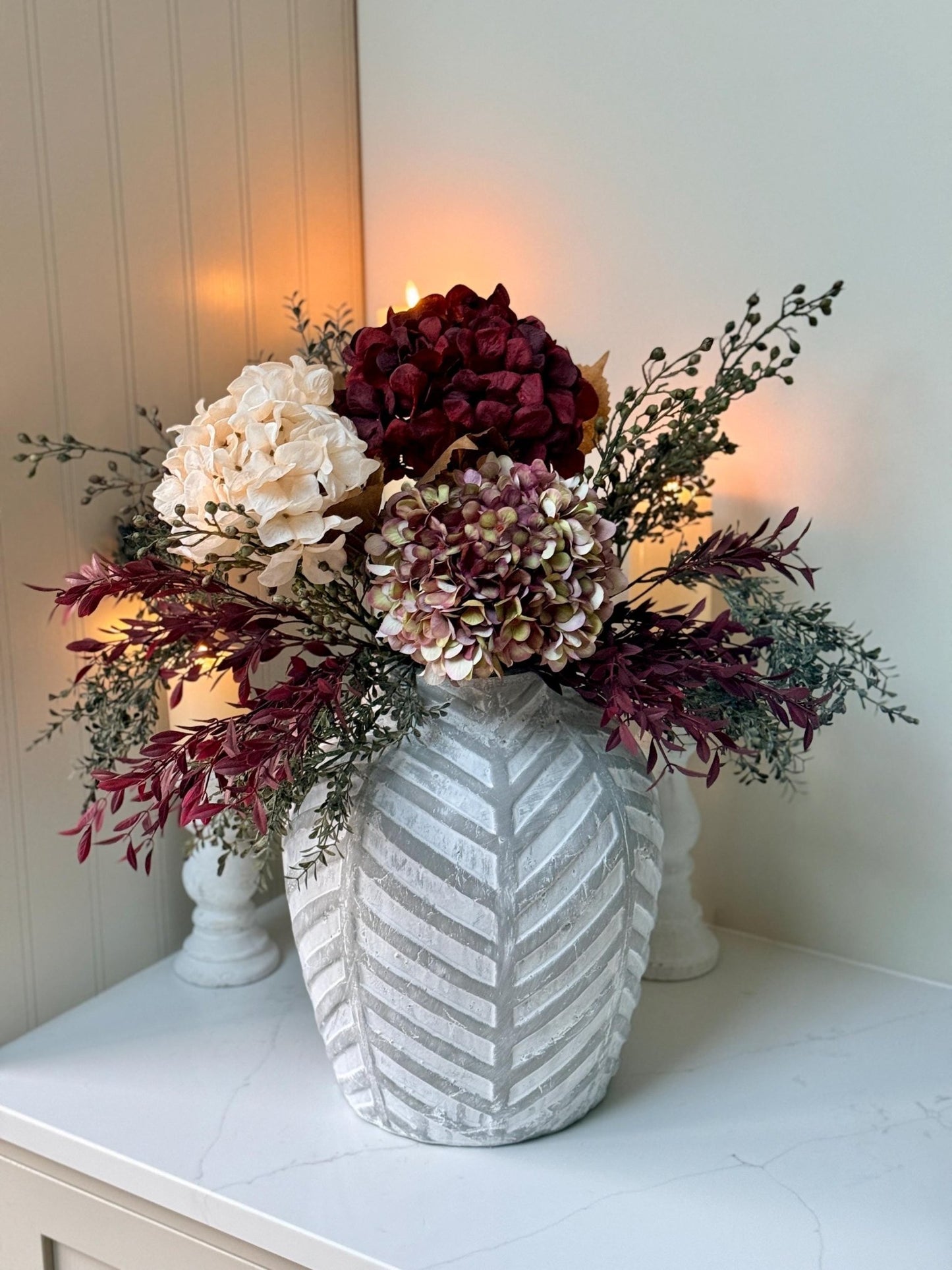 Luxury Silk Autumn Floral Arrangement | Blush & Burgundy Hydrangeas - NalaWillowCo