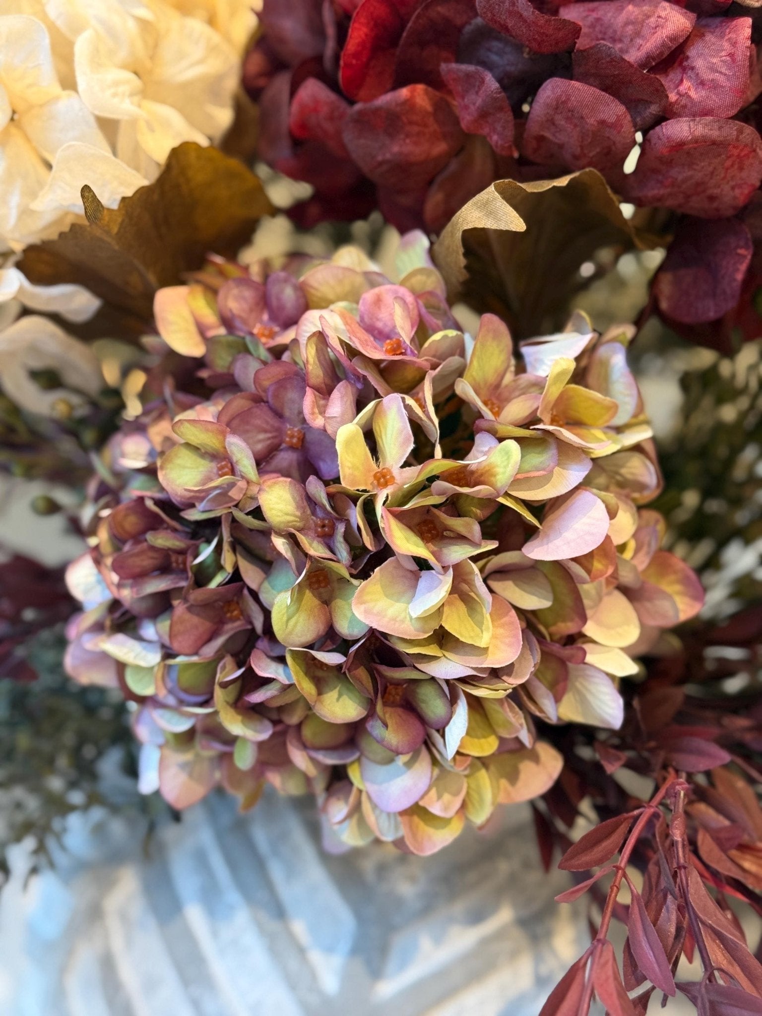 Luxury Silk Autumn Floral Arrangement | Blush & Burgundy Hydrangeas - NalaWillowCo