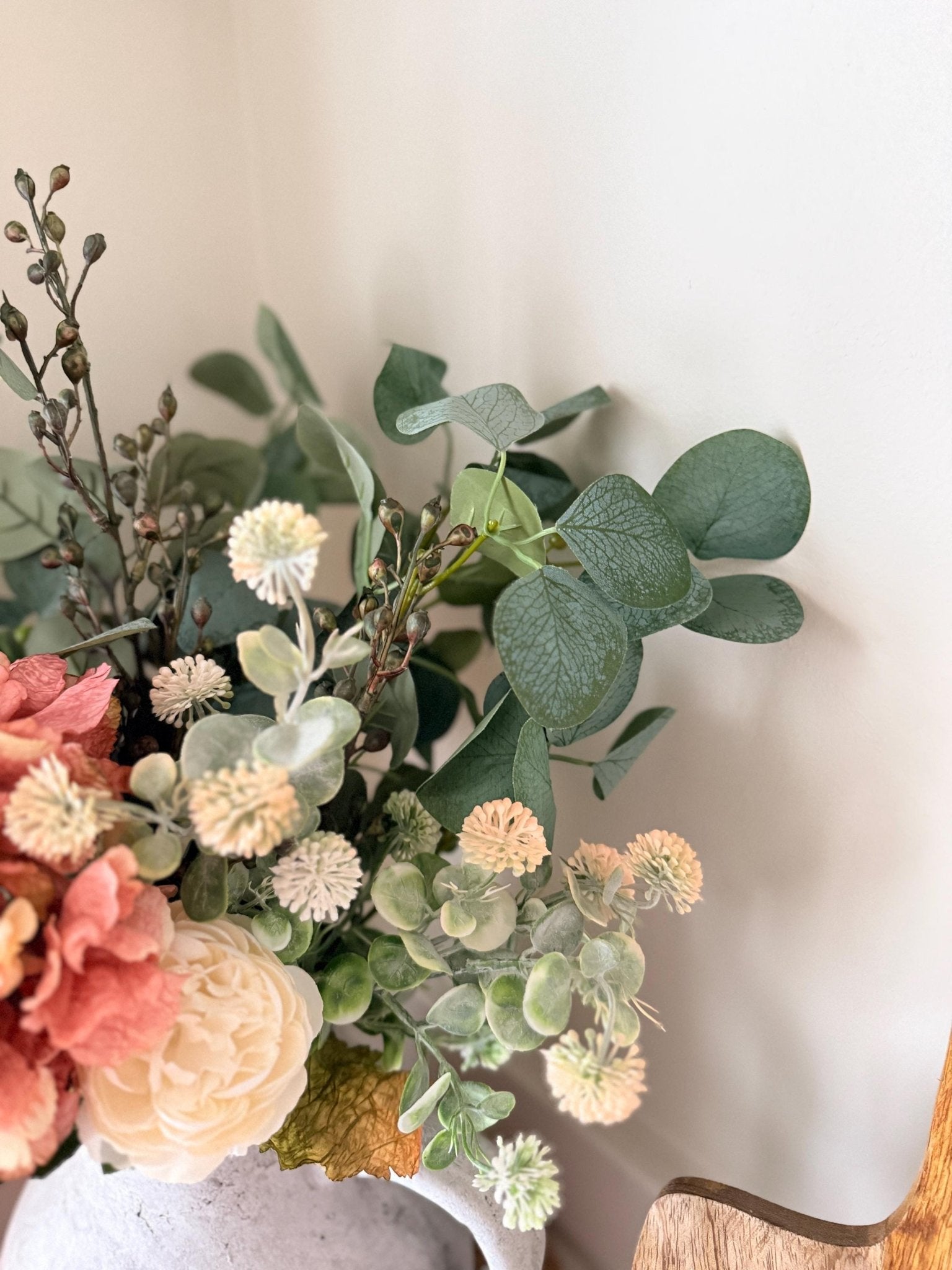Mabel – Handmade Luxury Silk Autumn Floral Arrangement | Rustic Jug Vase | Hydrangea, Ranunculus and Eucalyptus - NalaWillowCo