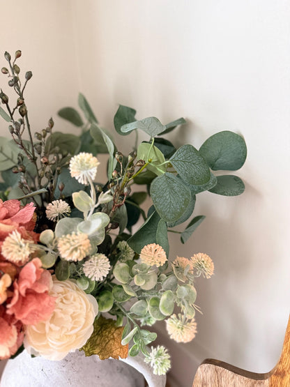 Mabel – Handmade Luxury Silk Autumn Floral Arrangement | Rustic Jug Vase | Hydrangea, Ranunculus and Eucalyptus - NalaWillowCo