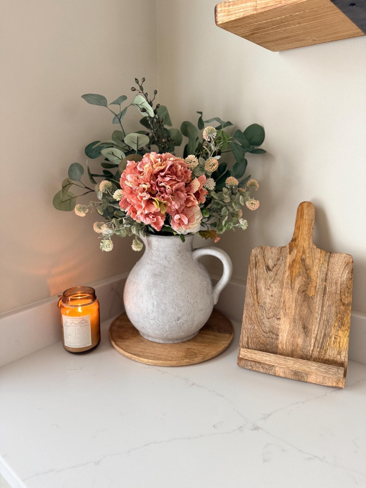 Mabel – Handmade Luxury Silk Autumn Floral Arrangement | Rustic Jug Vase | Hydrangea, Ranunculus and Eucalyptus - NalaWillowCo