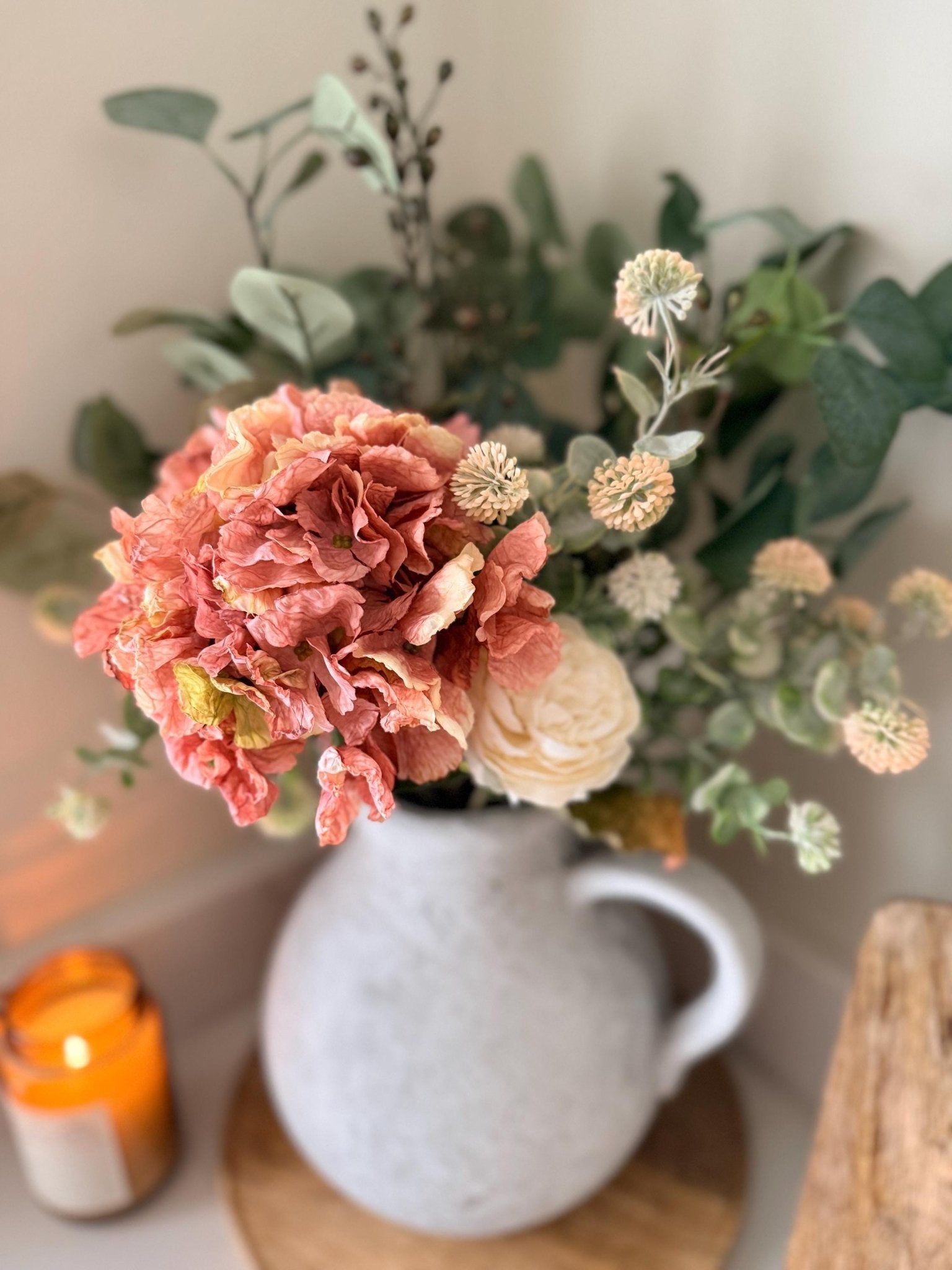 Mabel – Handmade Luxury Silk Autumn Floral Arrangement | Rustic Jug Vase | Hydrangea, Ranunculus and Eucalyptus - NalaWillowCo