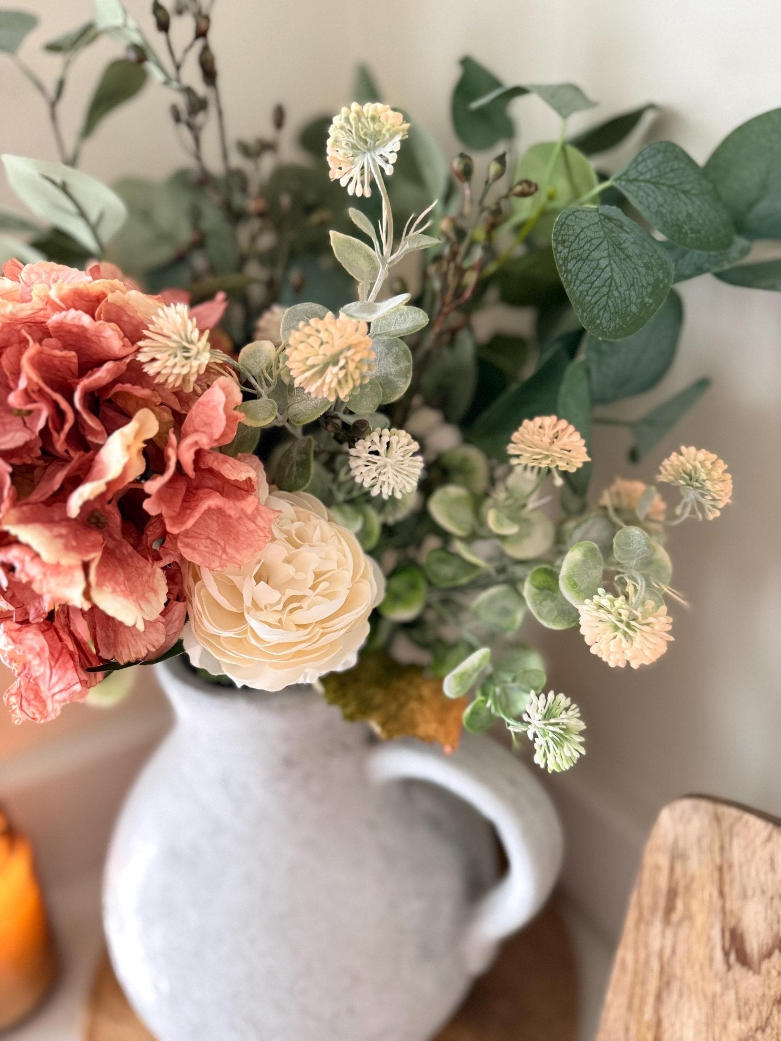 Mabel – Handmade Luxury Silk Autumn Floral Arrangement | Rustic Jug Vase | Hydrangea, Ranunculus and Eucalyptus - NalaWillowCo