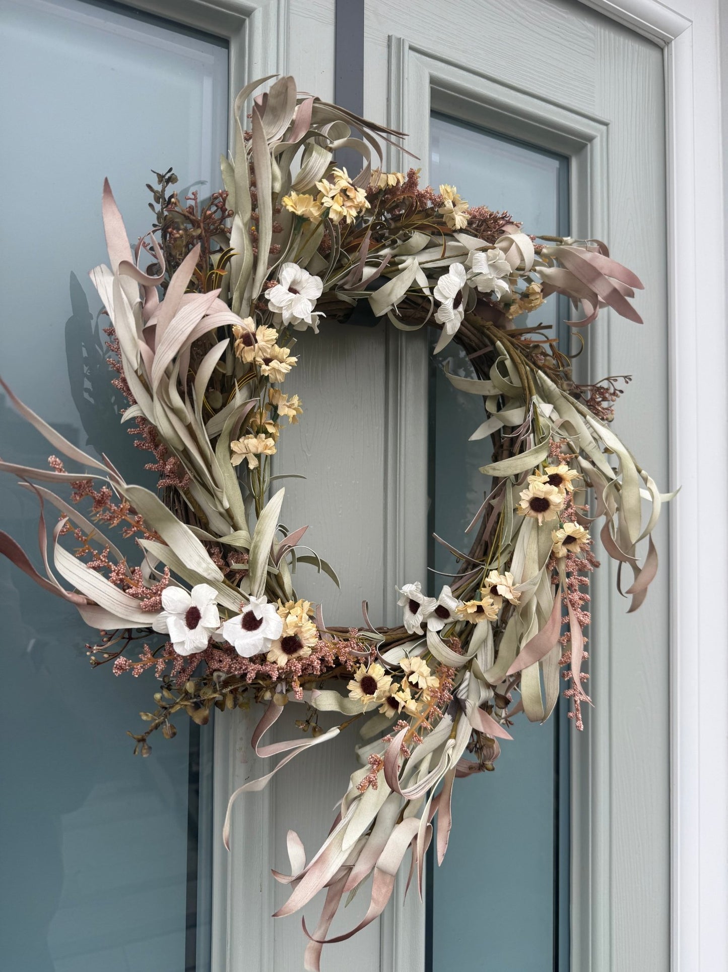 Neutral Dried - Flower Wreath for Front Door – Rustic & Soft Blush Eucalyptus & Cream Floral Wreath - NalaWillowCo