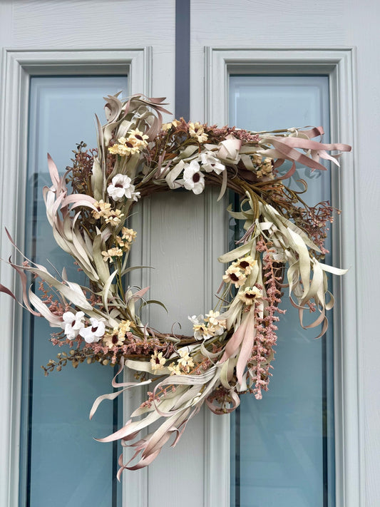 Neutral Dried - Flower Wreath for Front Door – Rustic & Soft Blush Eucalyptus & Cream Floral Wreath - NalaWillowCo